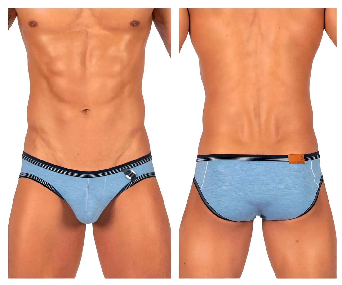 Private structure lcut4358 barn boy low rise mini briefs in denim light blue textured fabric with black trim and metallic buckle