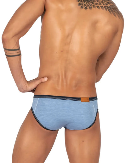 Private structure lcut4358 barn boy low rise mini briefs in light blue heathered fabric with black trim and brown leather tag
