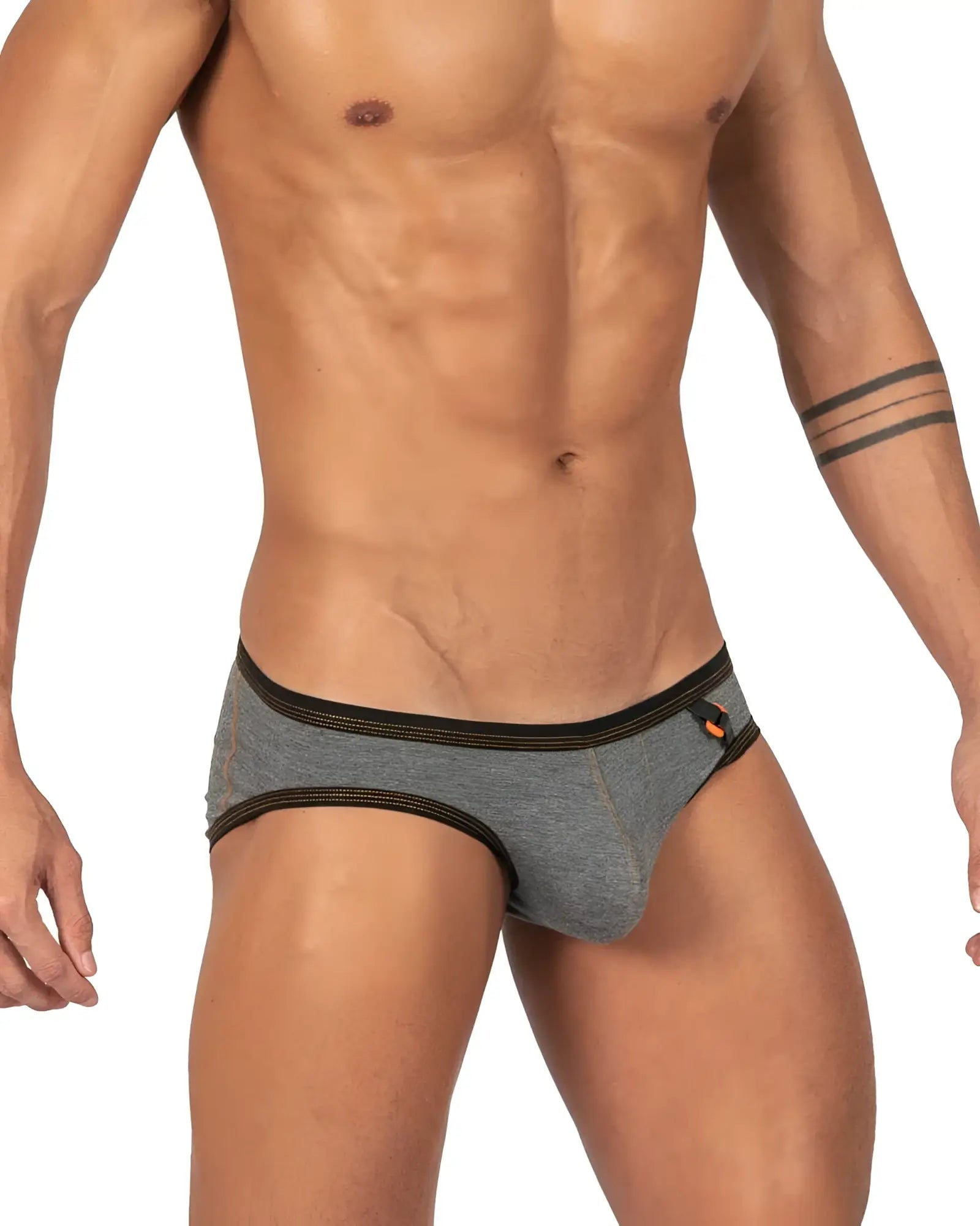 Private structure barn boy low rise mini briefs in stone gray gray heathered with black trim and orange logo on the side