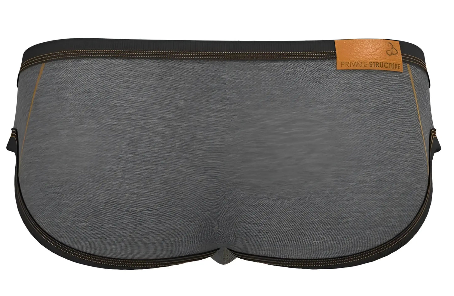 Gray heathered fabric private structure barn boy low rise mini briefs with black trim and tan leather brand tag