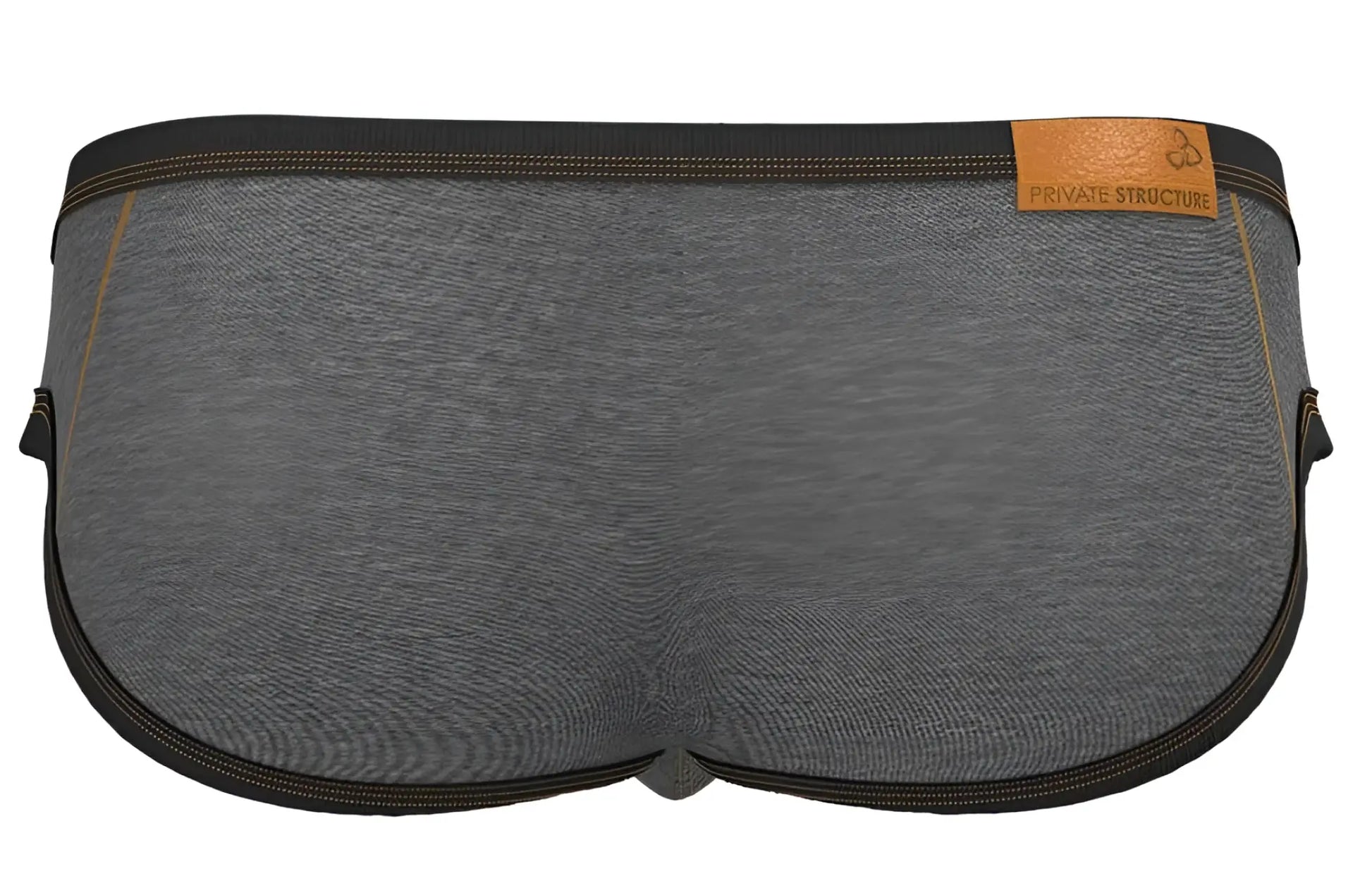Gray heathered fabric private structure barn boy low rise mini briefs with black trim and tan leather brand tag