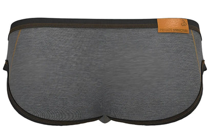 Gray heathered fabric private structure barn boy low rise mini briefs with black trim and tan leather brand tag