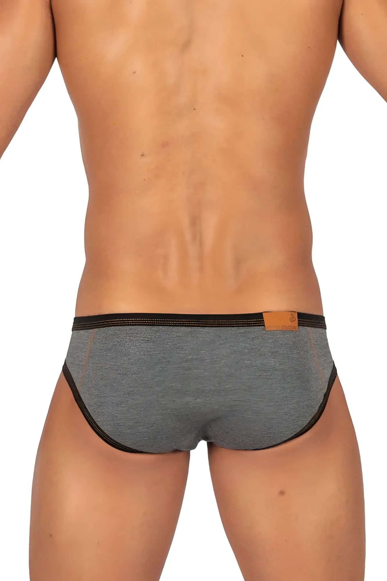 Private Structure LCUT4358 Barn Boy low rise mini briefs in stone gray heathered fabric with black trim and tan leather patch
