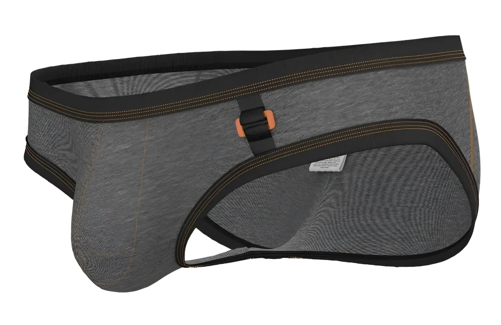 Private structure barn boy low rise mini brief in stone gray textured fabric with black trim and orange buckle detailing