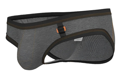 Private structure barn boy low rise mini brief in stone gray textured fabric with black trim and orange buckle detailing