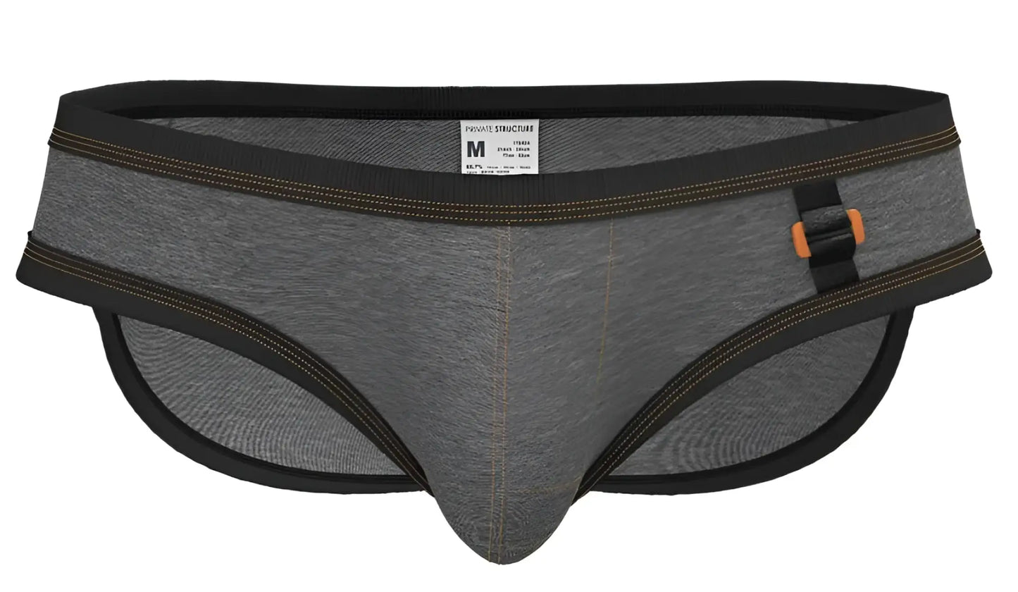 Stone gray private structure barn boy low rise mini briefs with black trim and orange-accented belt buckle