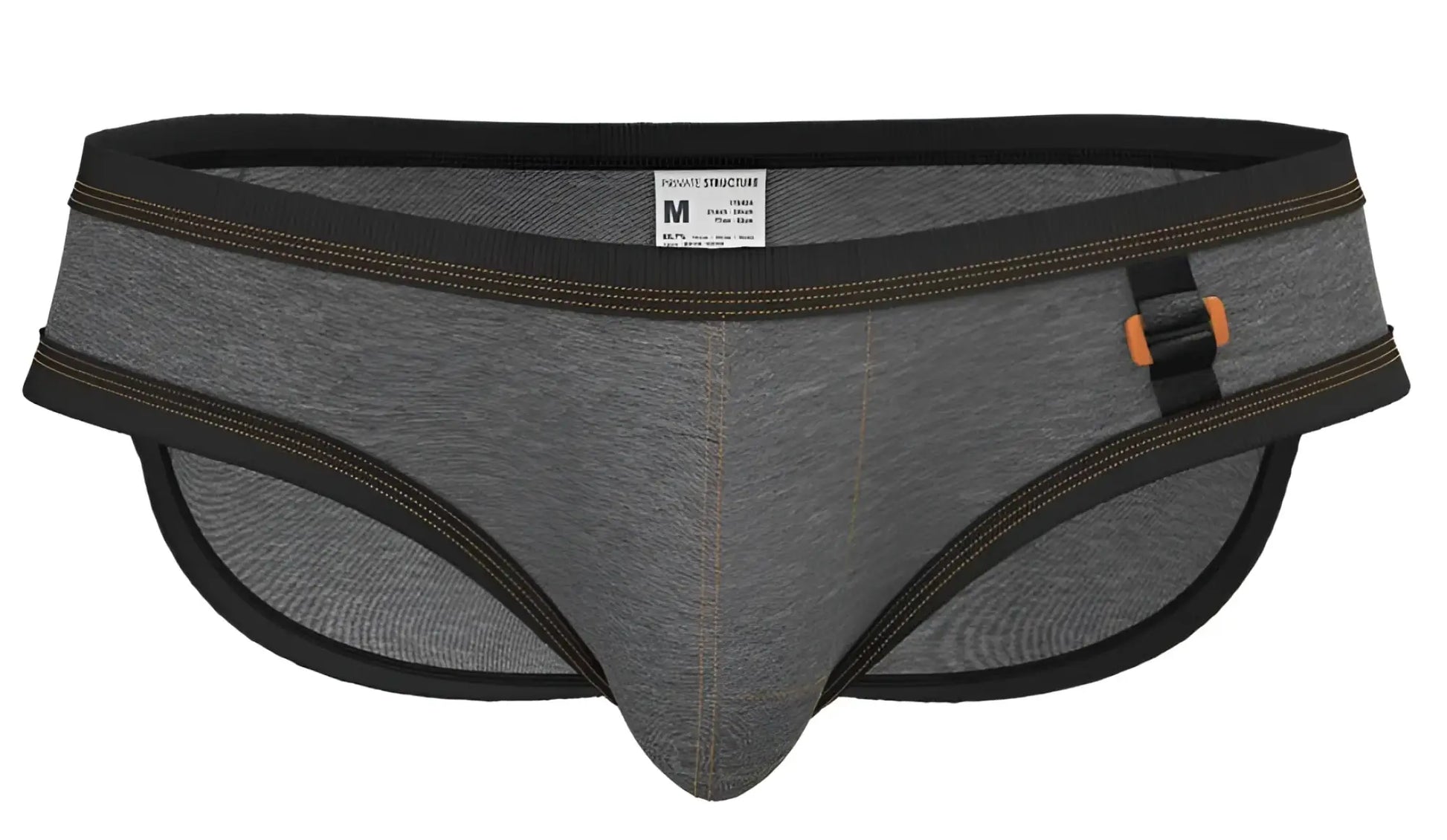 Stone gray private structure barn boy low rise mini briefs with black trim and orange-accented belt buckle