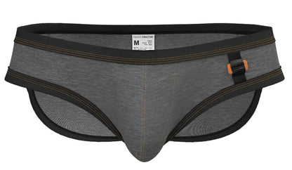 Stone gray private structure barn boy low rise mini briefs with black trim and orange-accented belt buckle