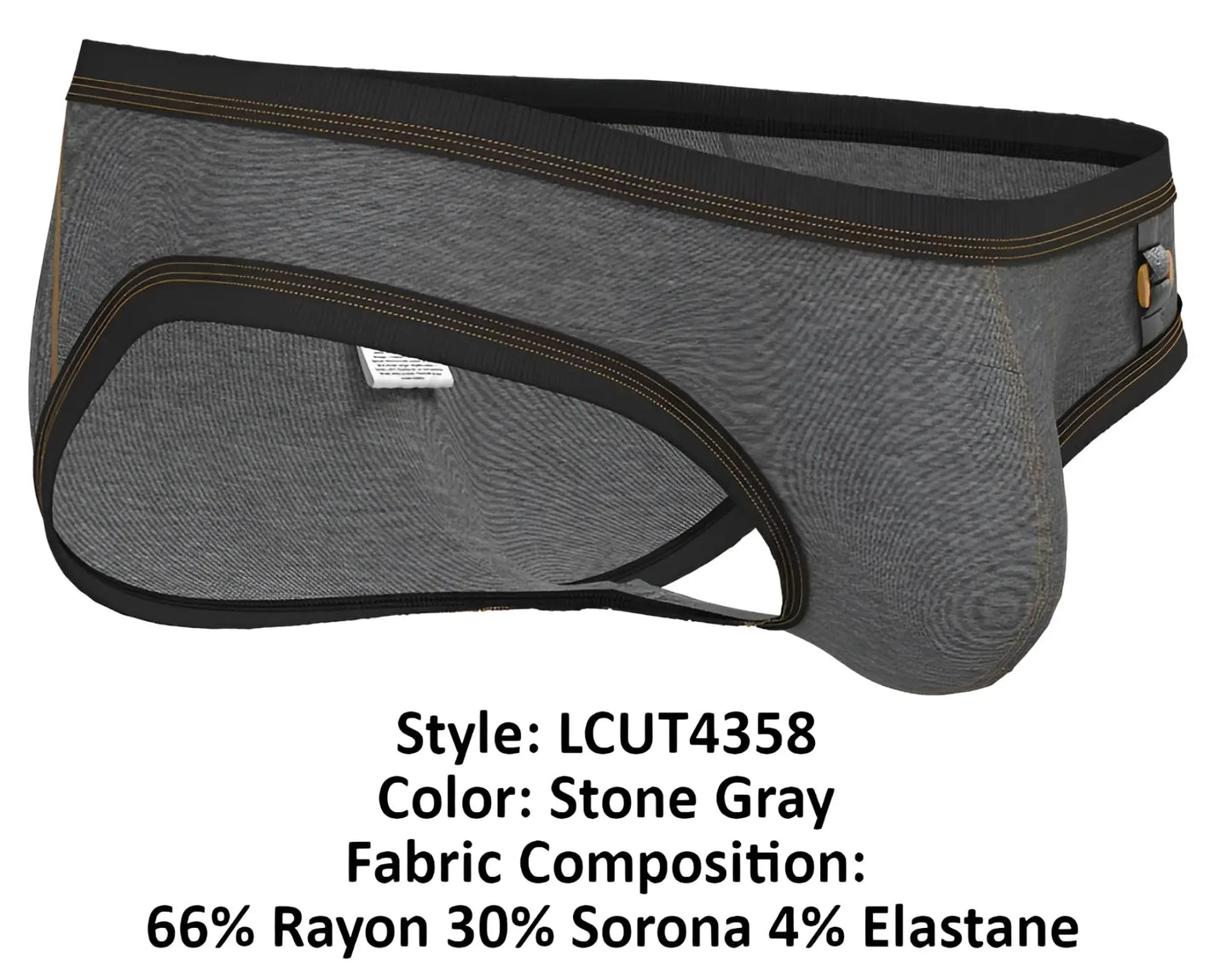 Stone gray private structure lcut4358 barn boy low rise mini briefs with black trim and gold stitching made of rayon sorona and elastane