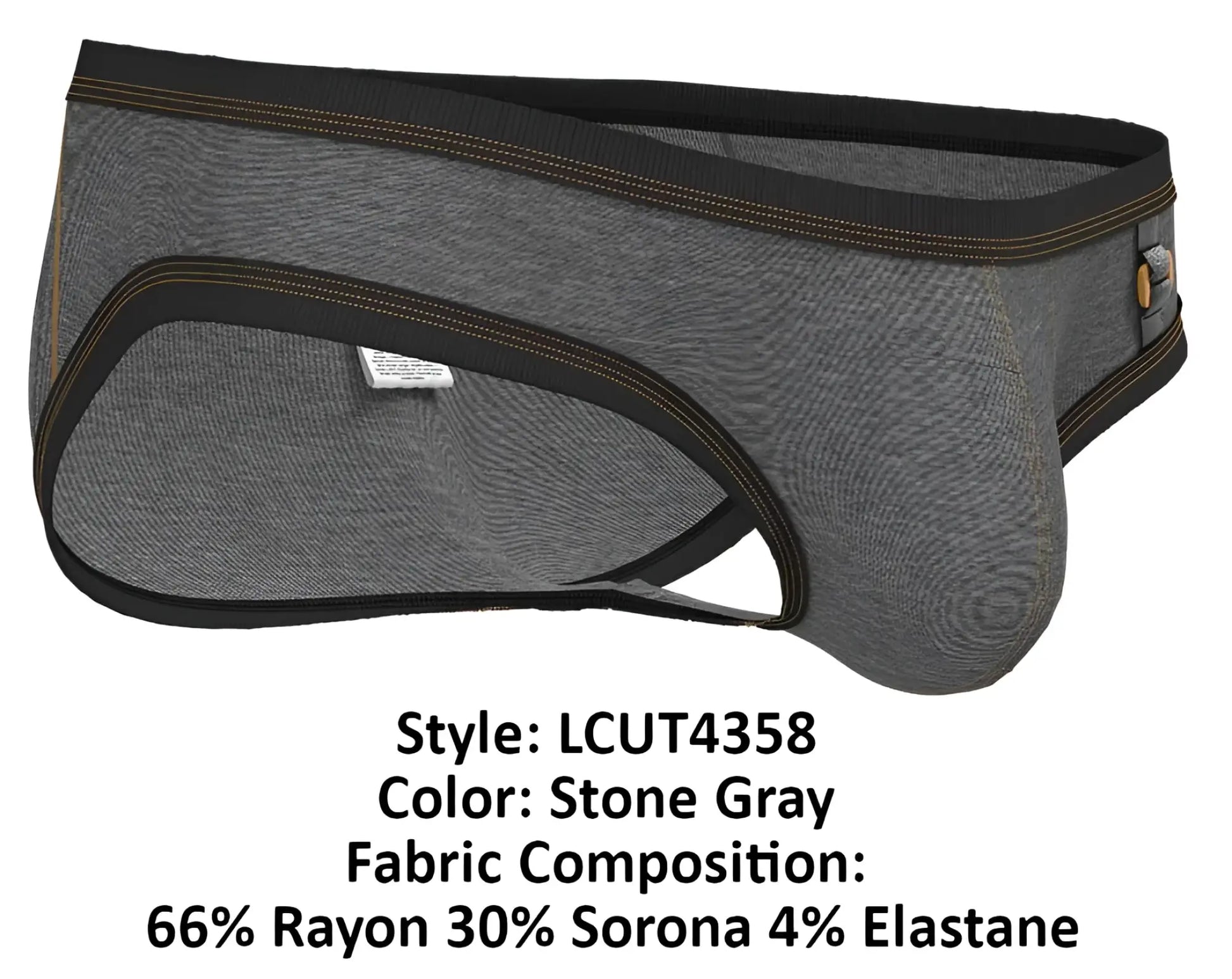 Stone gray private structure lcut4358 barn boy low rise mini briefs with black trim and gold stitching made of rayon sorona and elastane