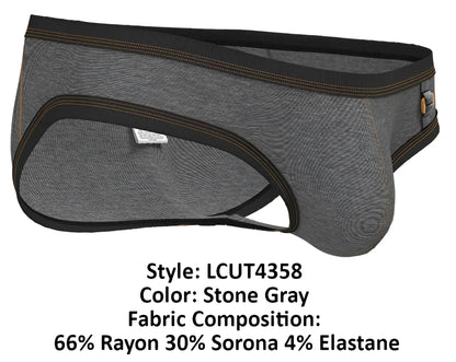 Stone gray private structure lcut4358 barn boy low rise mini briefs with black trim and gold stitching made of rayon sorona and elastane
