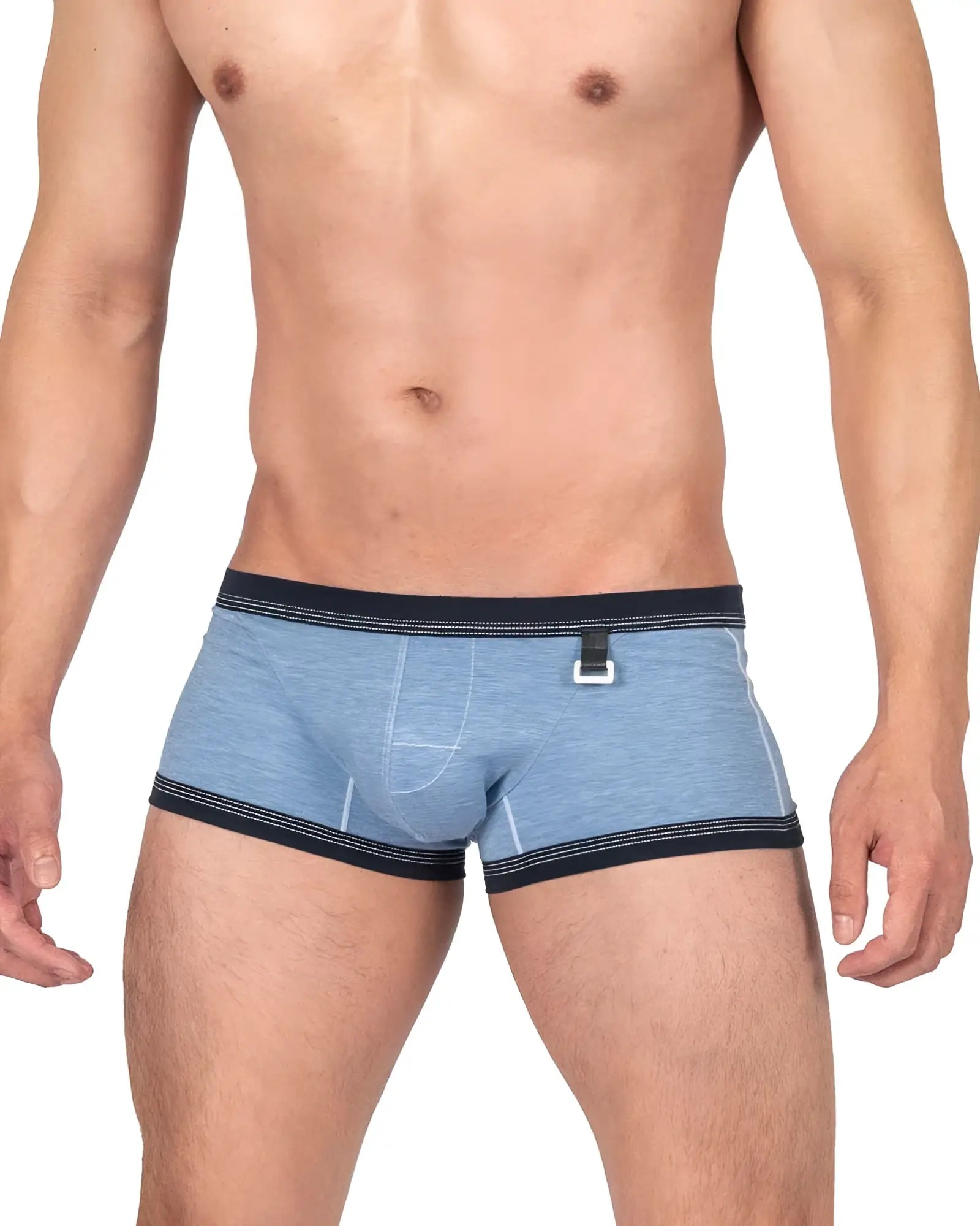 Private structure lcut4359 barn boy low rise trunk in denim blue heathered fabric with black trim and white buckle detail