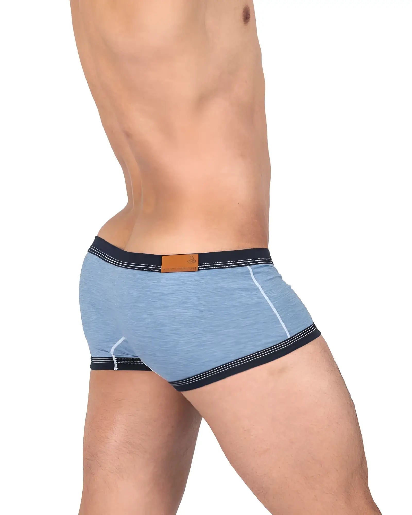 Private structure lcut4359 barn boy low rise trunk in light blue heathered fabric with navy trim and brown leather patch