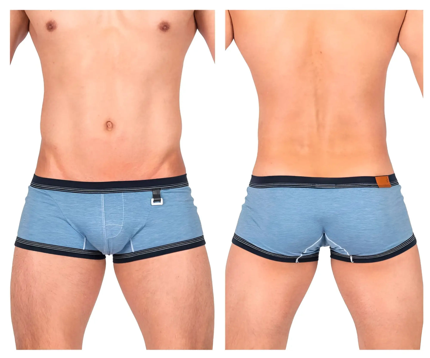 Private structure lcut4359 barn boy low rise trunk briefs in light blue heathered fabric with navy trim and brown leather patch