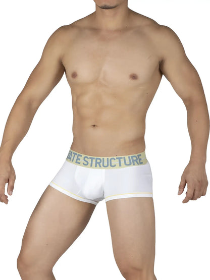 White boxer briefs with light green waistband and ate structure text by private structure moux4103 mo lite contour brief