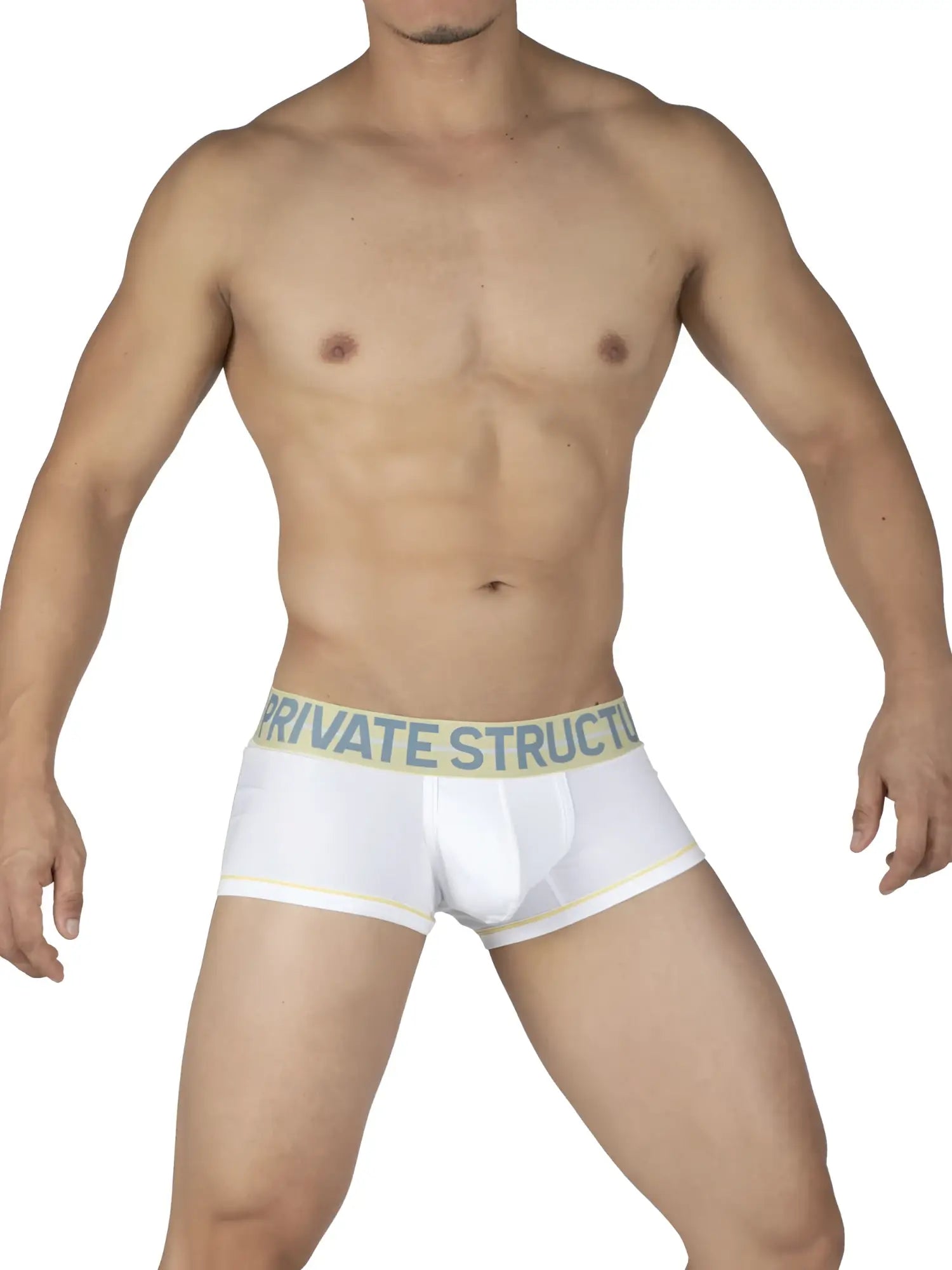 White boxer briefs with light green elastic waistband and private structure logo in dark blue mo lite contour brief
