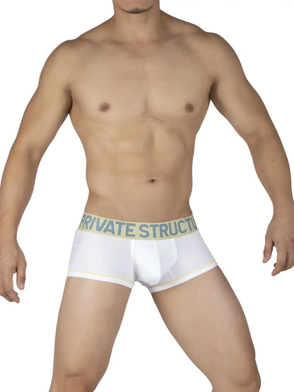 White boxer briefs with light green elastic waistband and private structure logo in dark blue mo lite contour brief