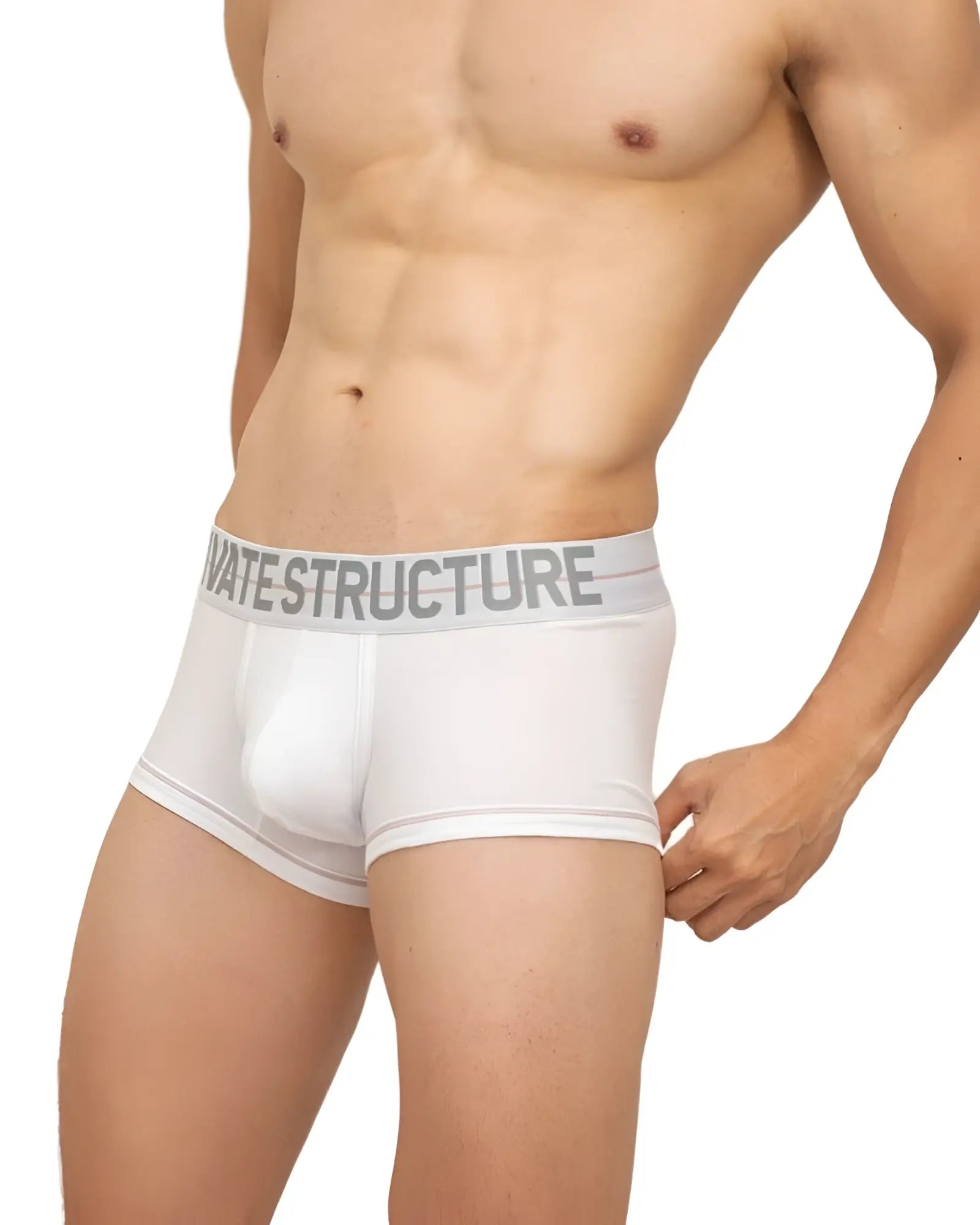 White private structure mo lite contour briefs with gray elastic waistband and bold logo for men