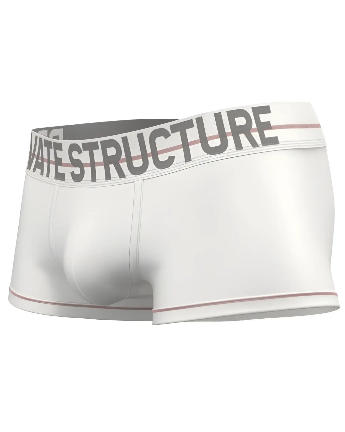 White mens briefs with gray elastic waistband reading private structure and subtle pink trim edges by private structure