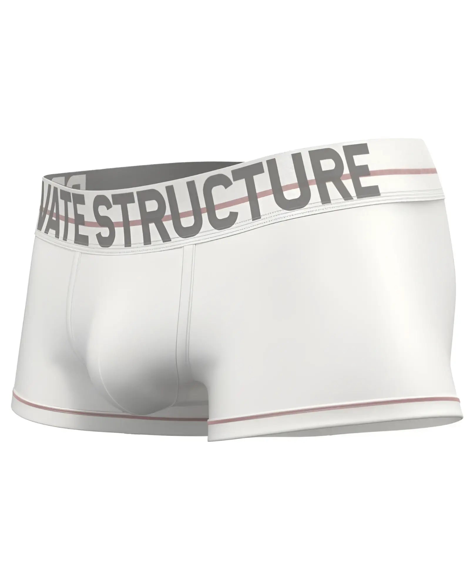 White mens briefs with gray elastic waistband reading private structure and subtle pink trim edges by private structure