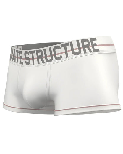 White mens briefs with gray elastic waistband reading private structure and subtle pink trim edges by private structure