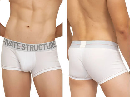 White private structure mo lite contour briefs with gray elastic waistband and bold logo for men