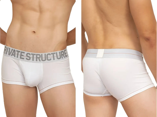 White private structure mo lite contour briefs with gray elastic waistband and bold logo for men