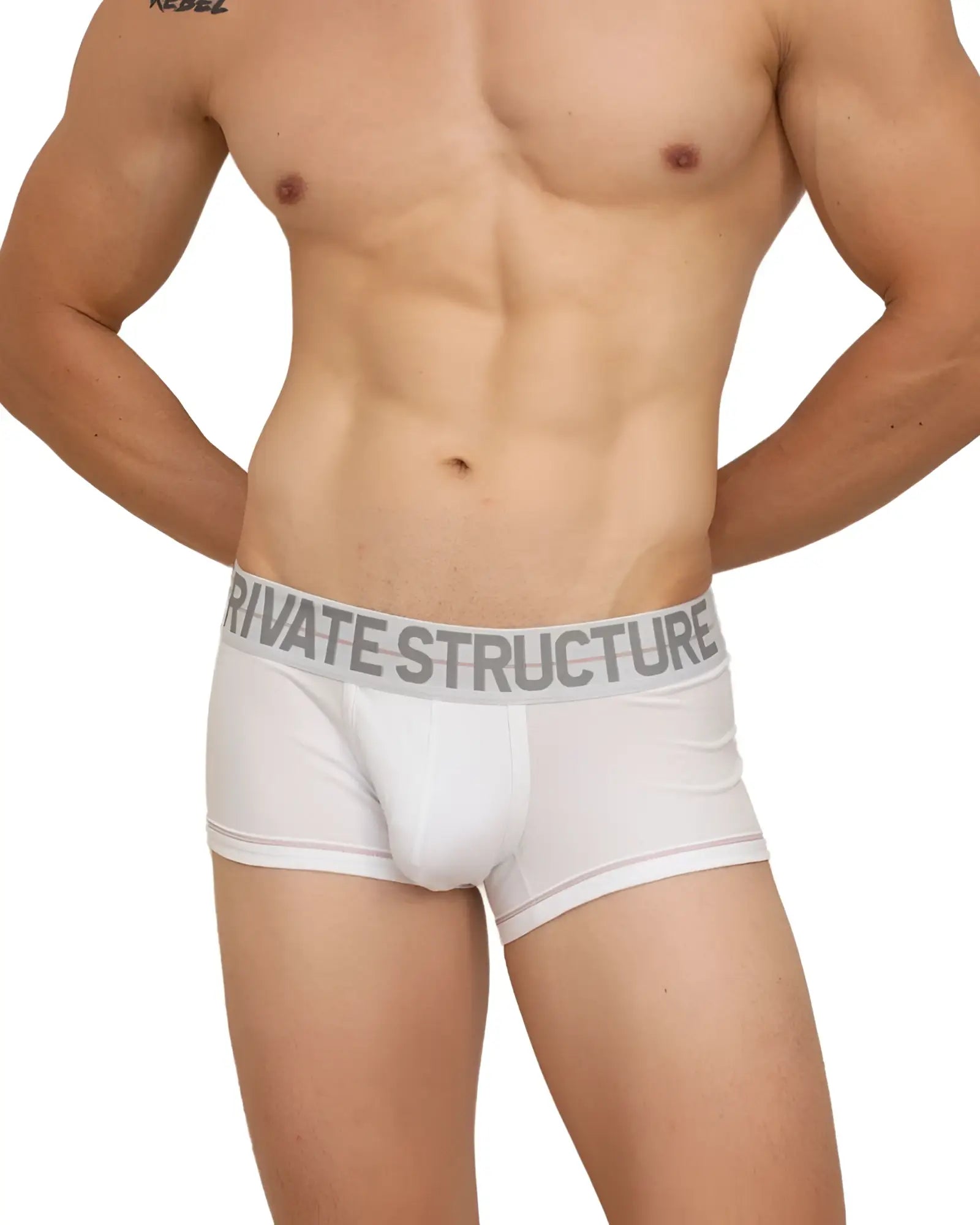 White private structure mo lite contour men’s briefs with gray elastic waistband and bold brand name logo