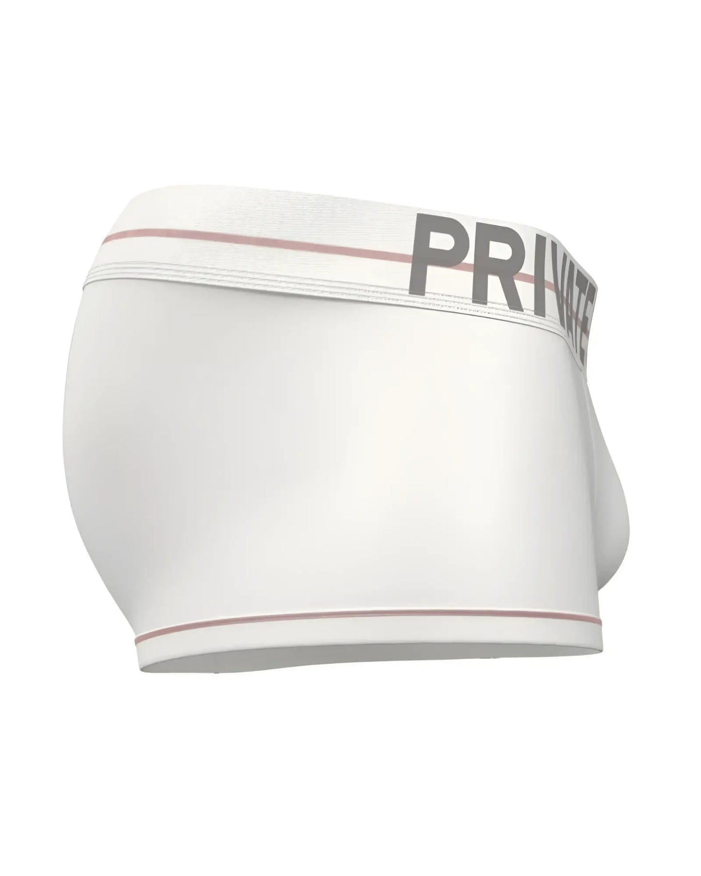 White men’s briefs with gray private logo and pink trim on waistband and legs from private structure moux4103 mo lite contour brief