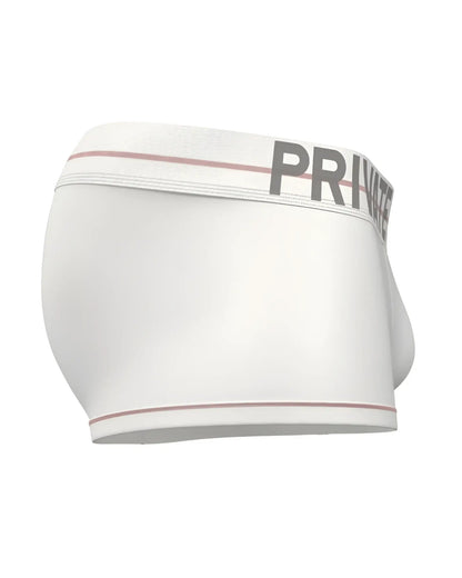 White men’s briefs with gray private logo and pink trim on waistband and legs from private structure moux4103 mo lite contour brief