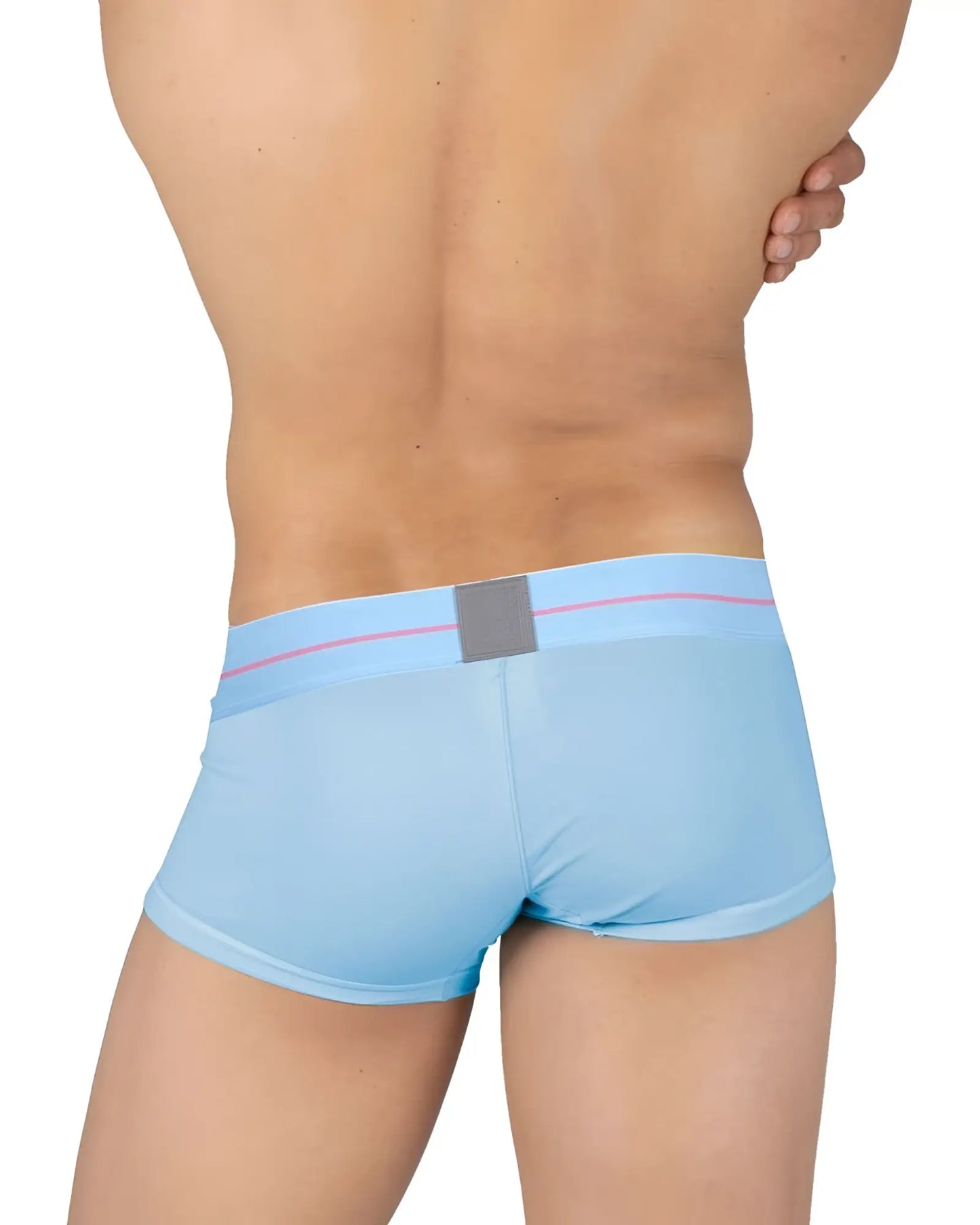 Light blue private structure mo lite mid waist trunk briefs with pink and gray waistband detail for men