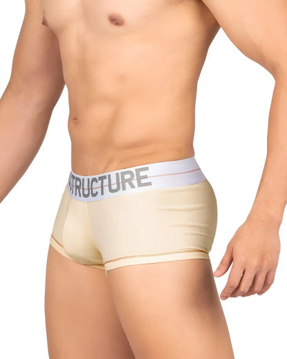 Beige private structure mo lite mid waist trunk boxer briefs with white elastic waistband and gray logo lettering
