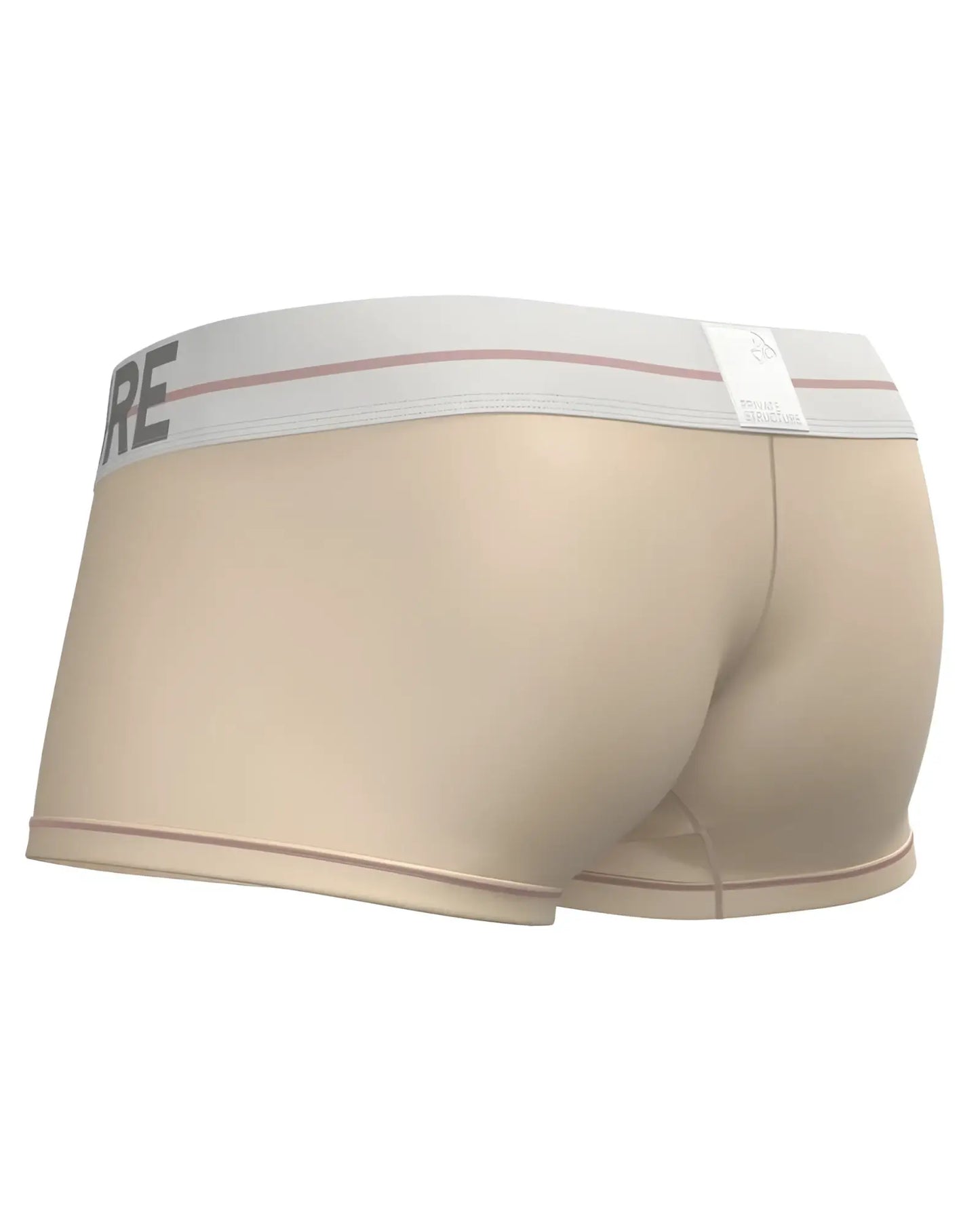 Beige private structure mo lite mid waist trunk briefs with white elastic waistband gray lettering and red stripes