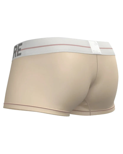 Beige private structure mo lite mid waist trunk briefs with white elastic waistband gray lettering and red stripes