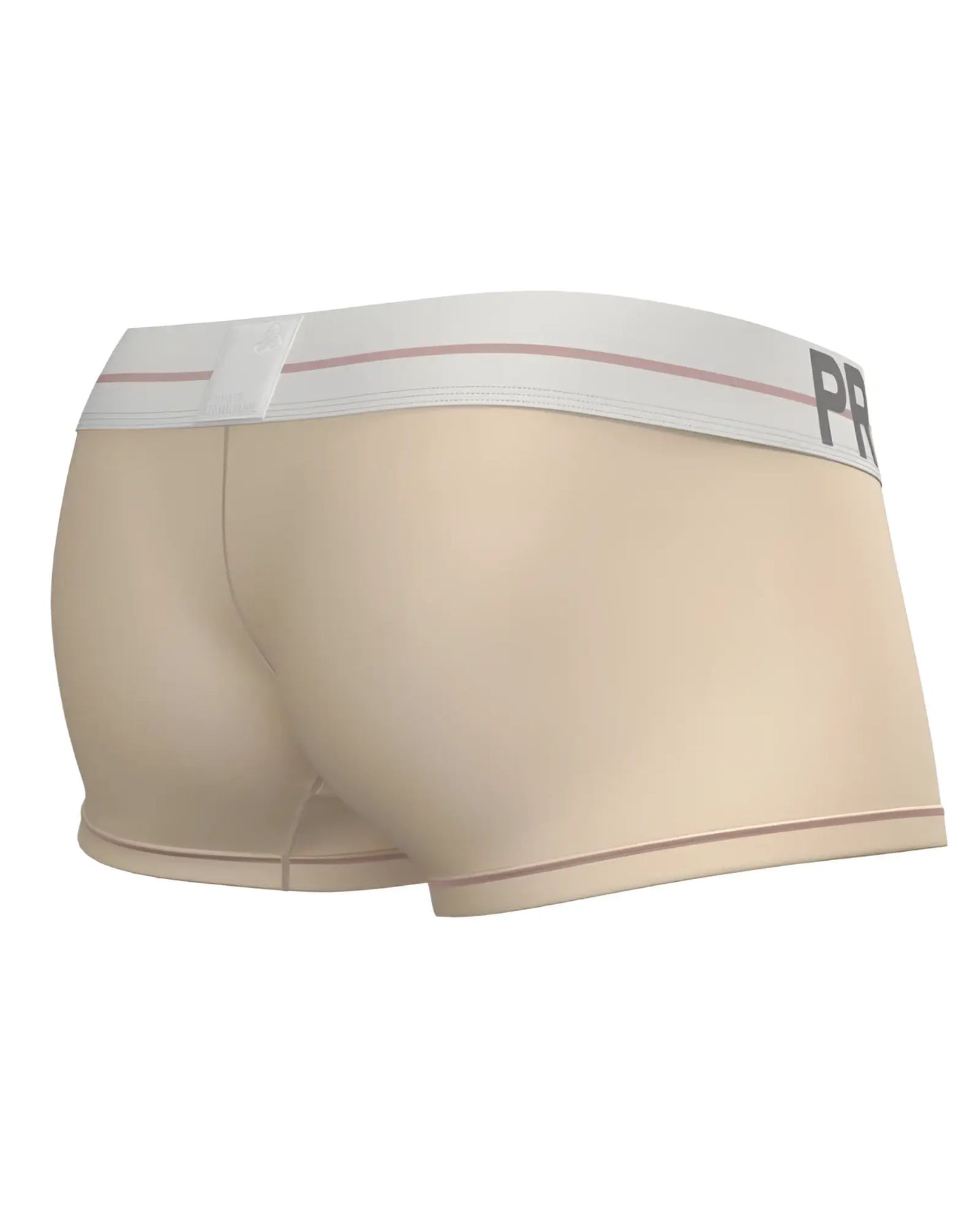 Beige private structure mo lite mid waist trunk briefs with white elastic waistband pink stripes and gray pr logo