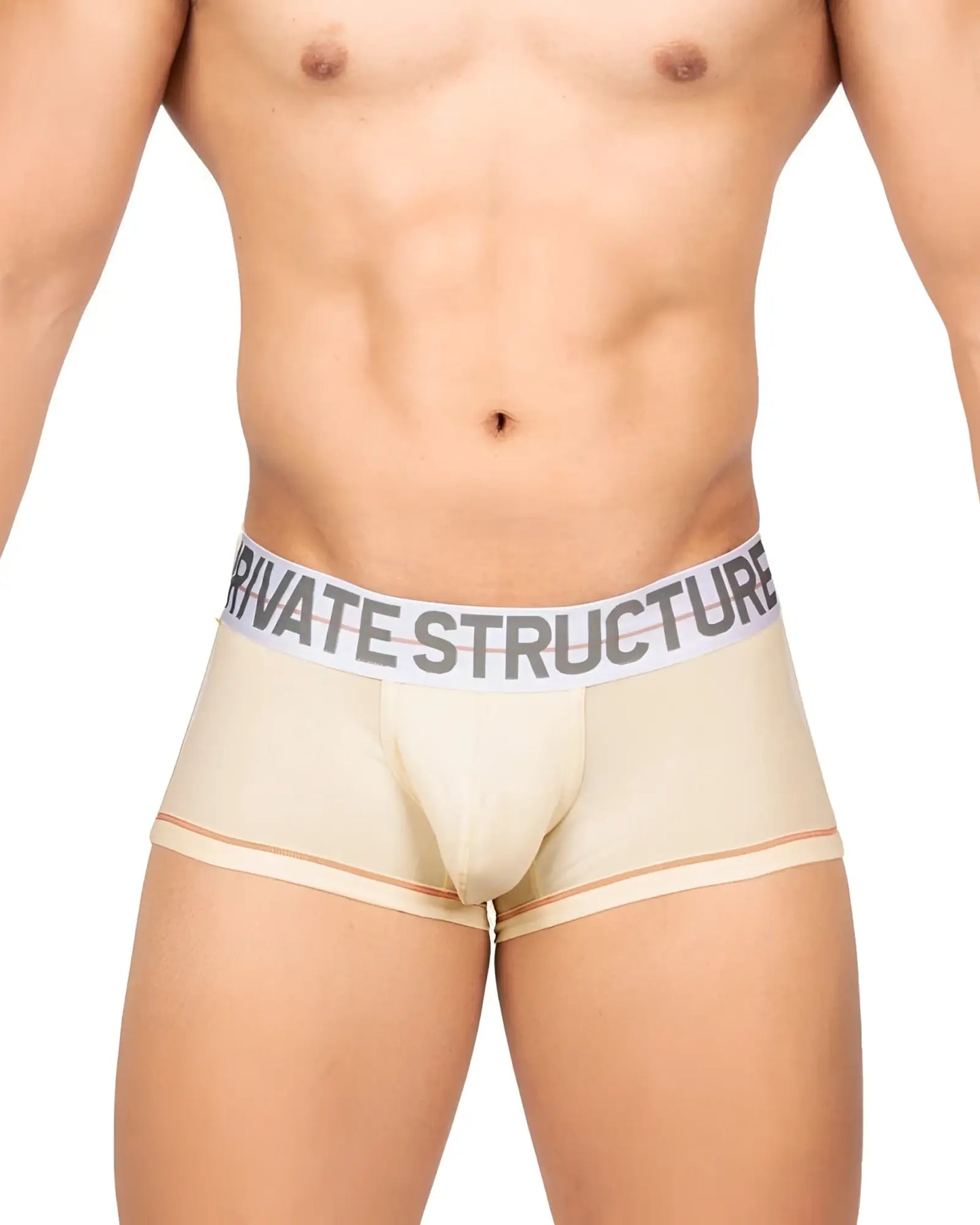 Beige men’s briefs with white elastic waistband and private structure logo in gray from moux4103 mo lite mid waist trunk