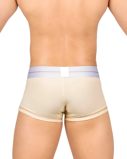 Beige private structure mo lite mid waist trunk with light purple waistband and pink stripes in cream color
