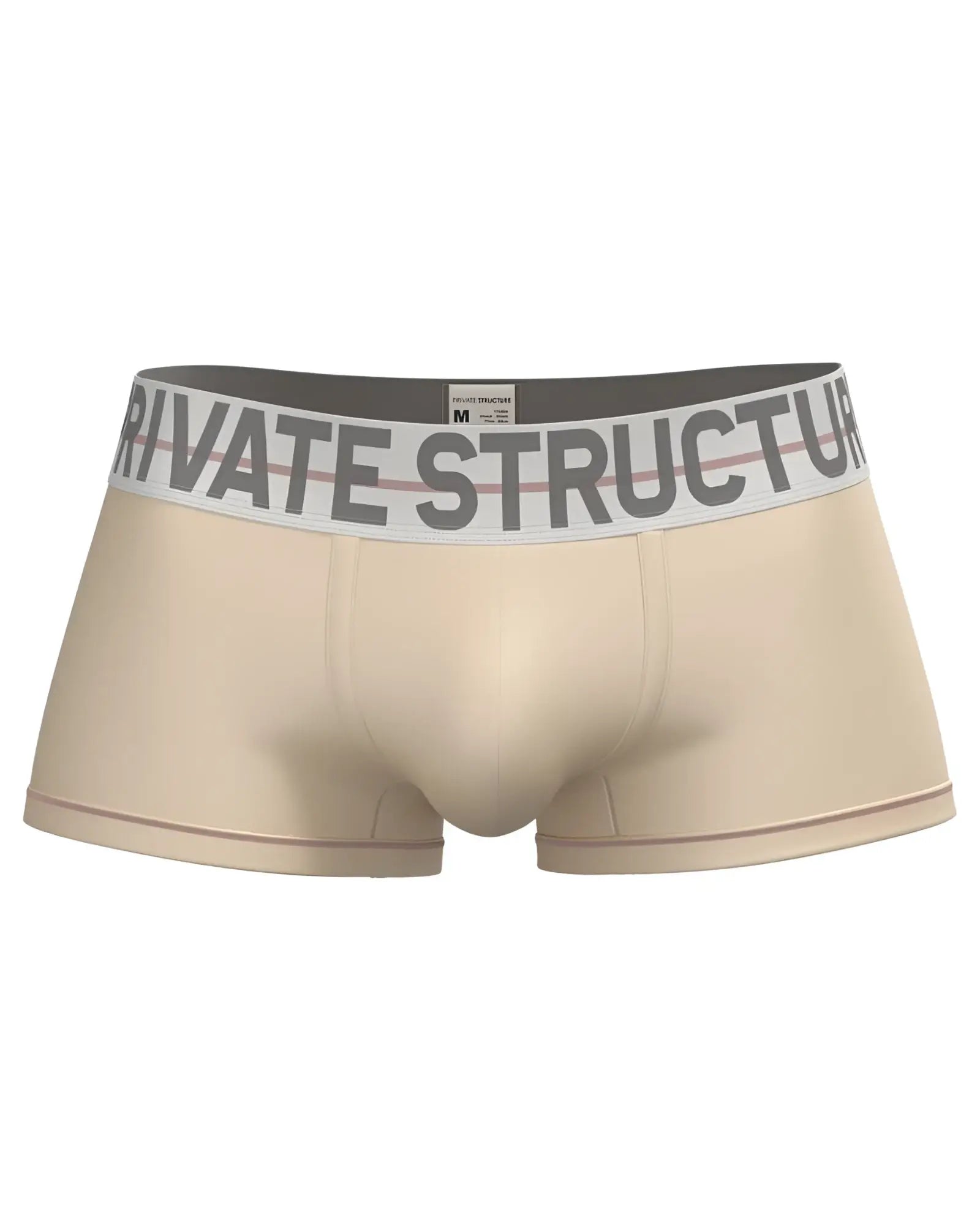 Beige men’s briefs with gray and white elastic waistband featuring private structure brand name mid waist trunk cream color