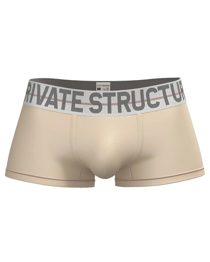 Beige men’s briefs with gray and white elastic waistband featuring private structure brand name mid waist trunk cream color