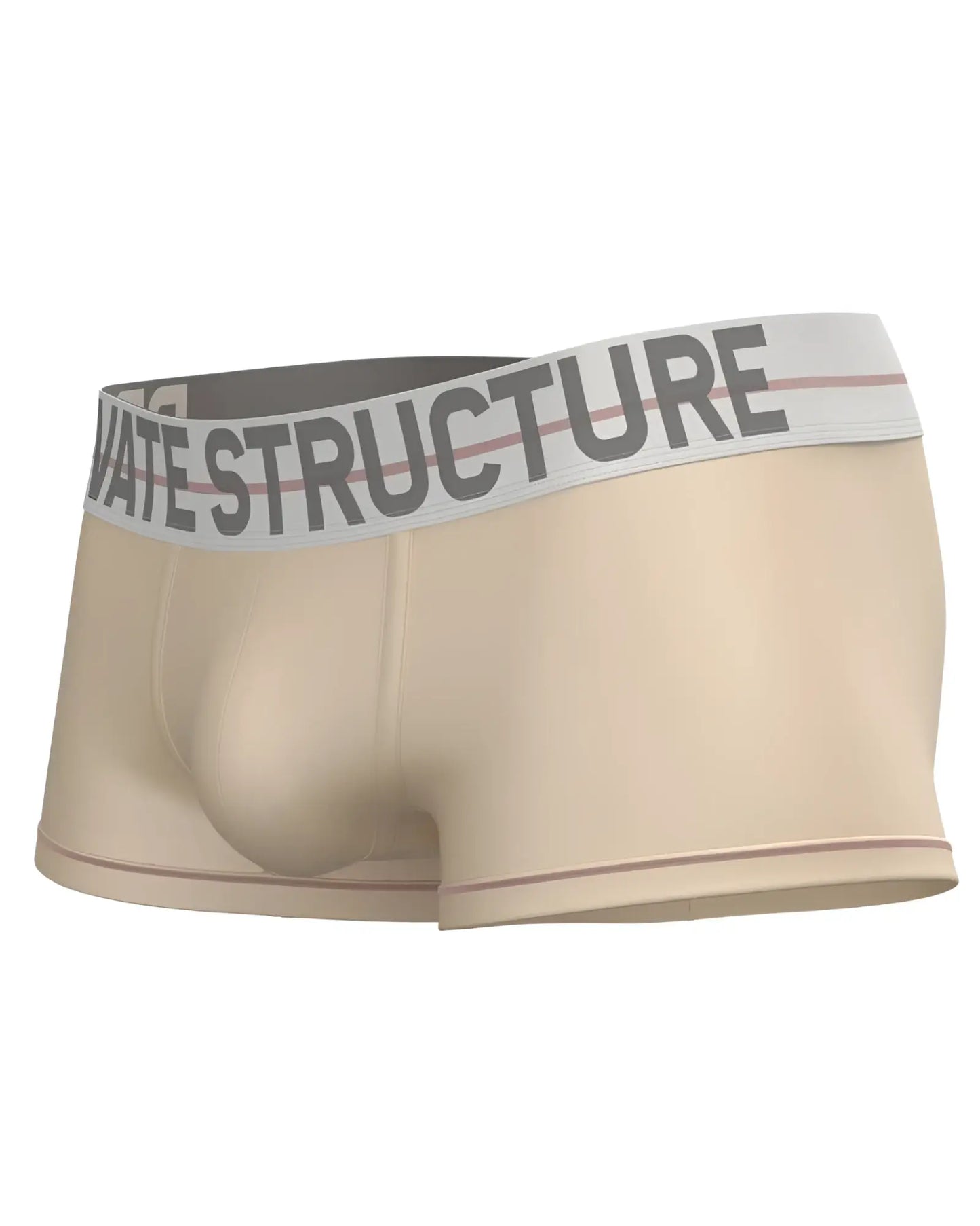 Beige men’s briefs with gray private structure waistband and thin pink stripes mid waist trunk in cream color