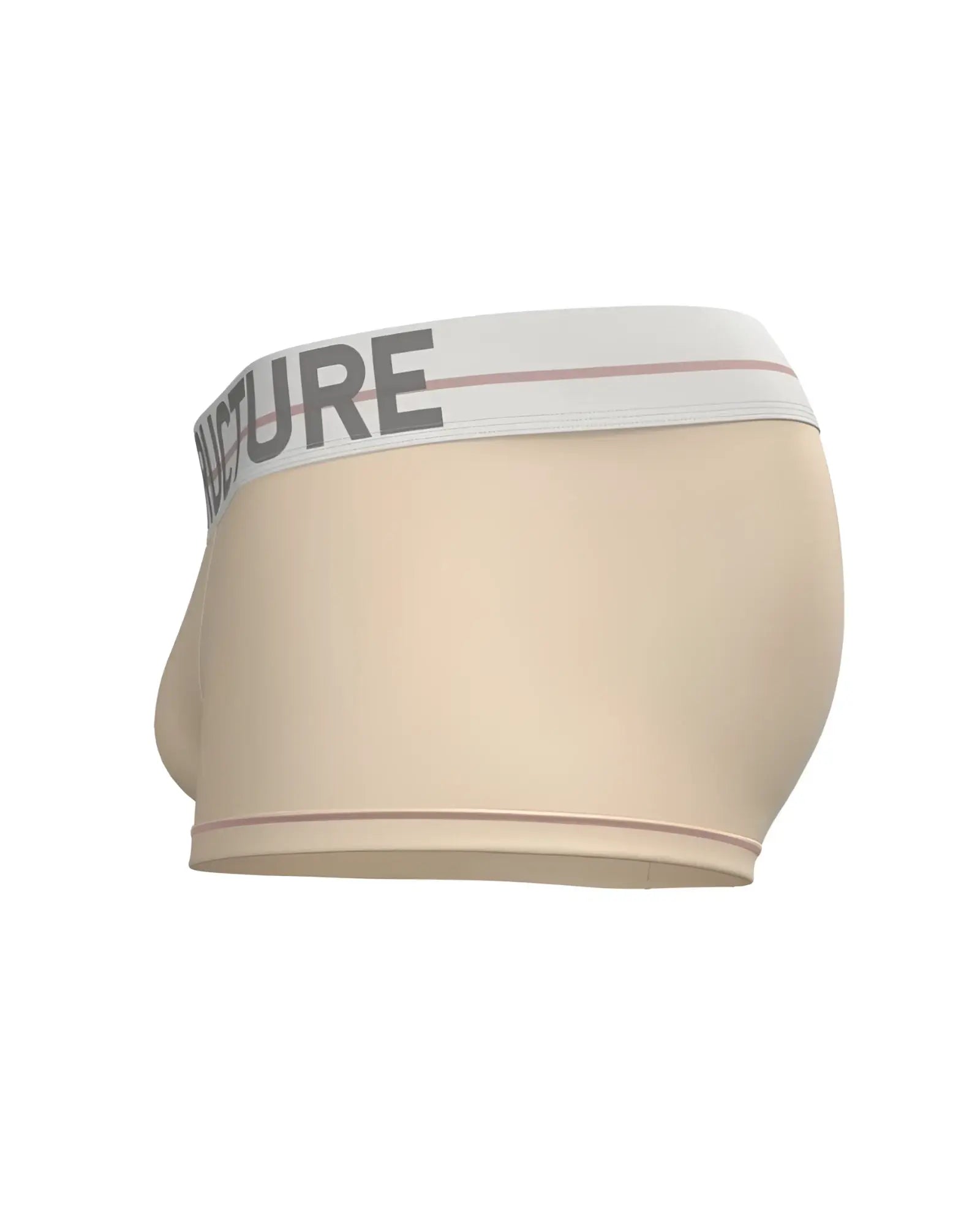 Beige private structure moux4103 mo lite mid waist trunk briefs with white elastic waistband and gray structure lettering