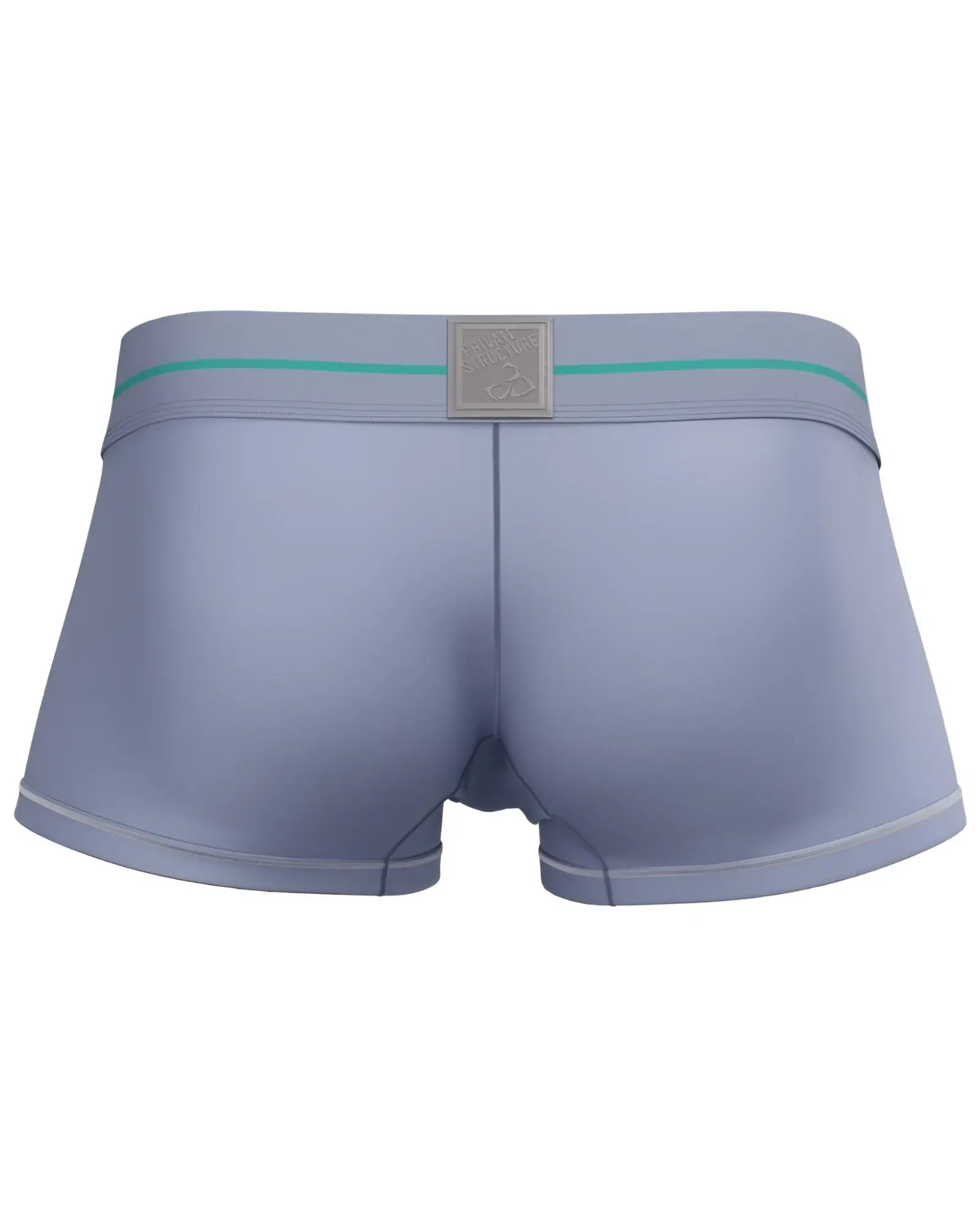 Light blue private structure mo lite mid waist trunk briefs with teal stripe and silver logo plaque on waistband