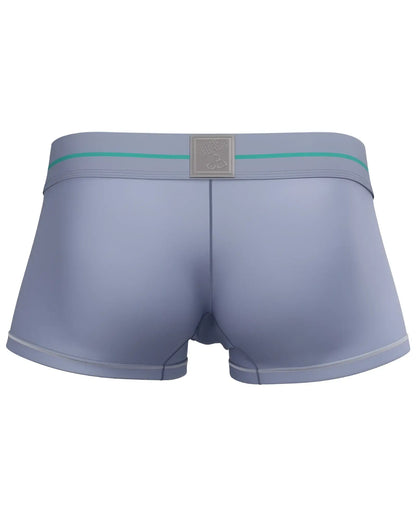 Light blue private structure mo lite mid waist trunk briefs with teal stripe and silver logo plaque on waistband