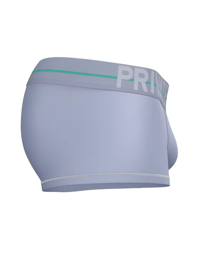 Light gray men’s briefs with teal stripe and white prim branding on waistband from private structure moux4103 mo lite mid waist trunk