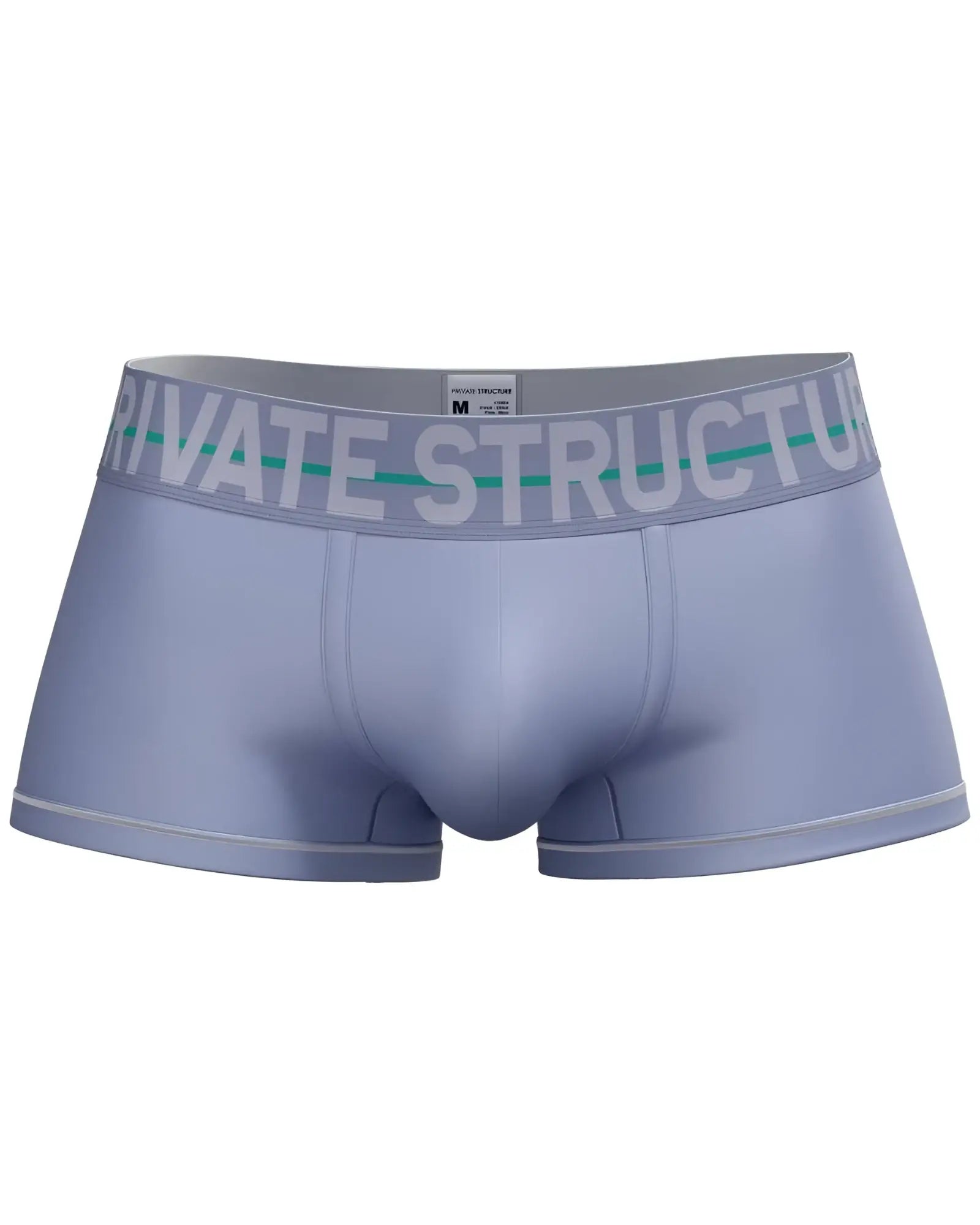 Light gray private structure men’s mid waist boxer briefs with white logo waistband and thin teal stripe lilac color