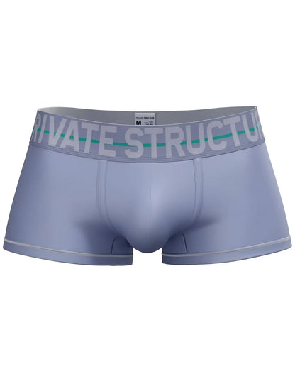 Light gray private structure men’s mid waist boxer briefs with white logo waistband and thin teal stripe lilac color