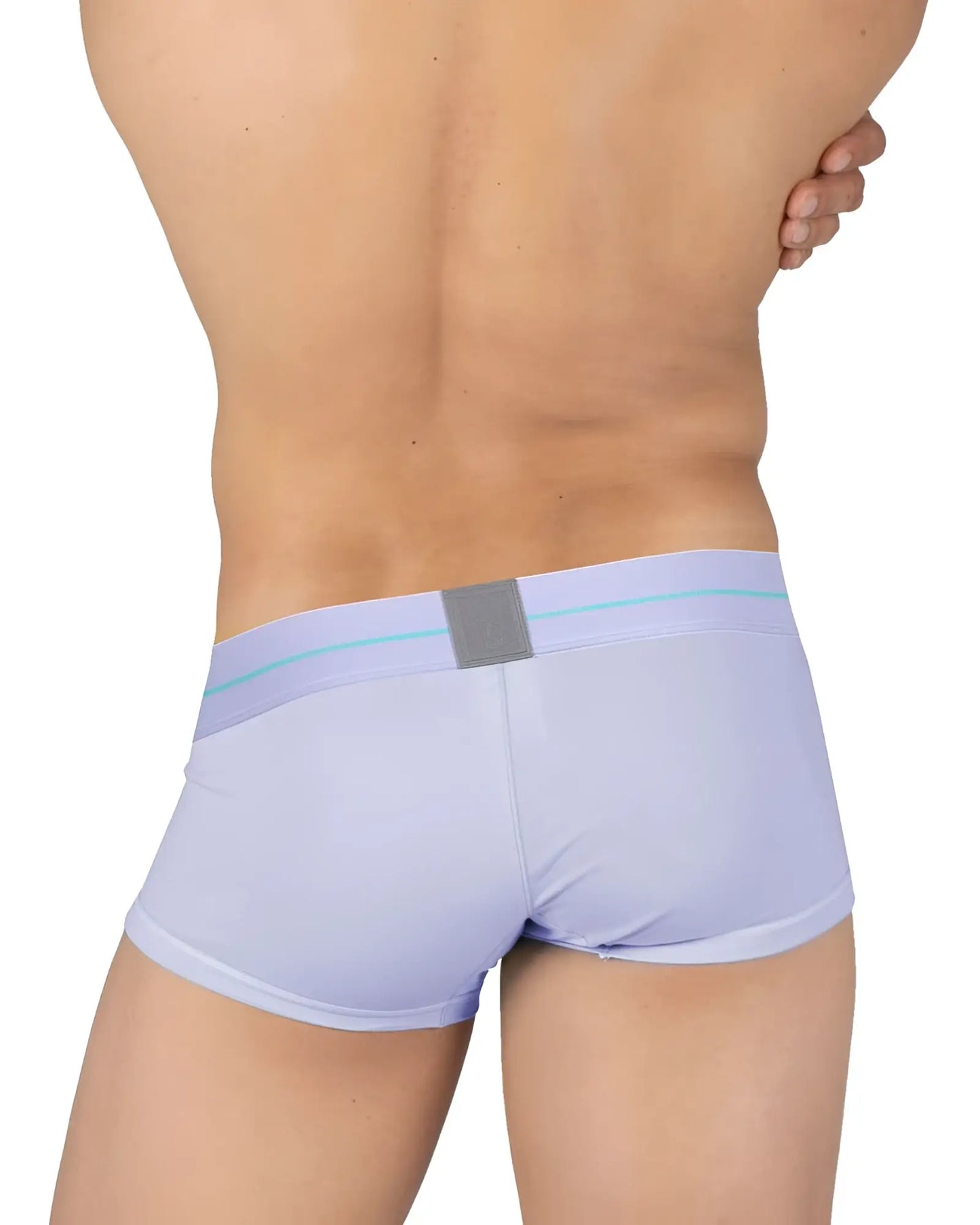 Light purple private structure moux4103 mo lite mid waist trunk with gray patch and light blue waistband trim