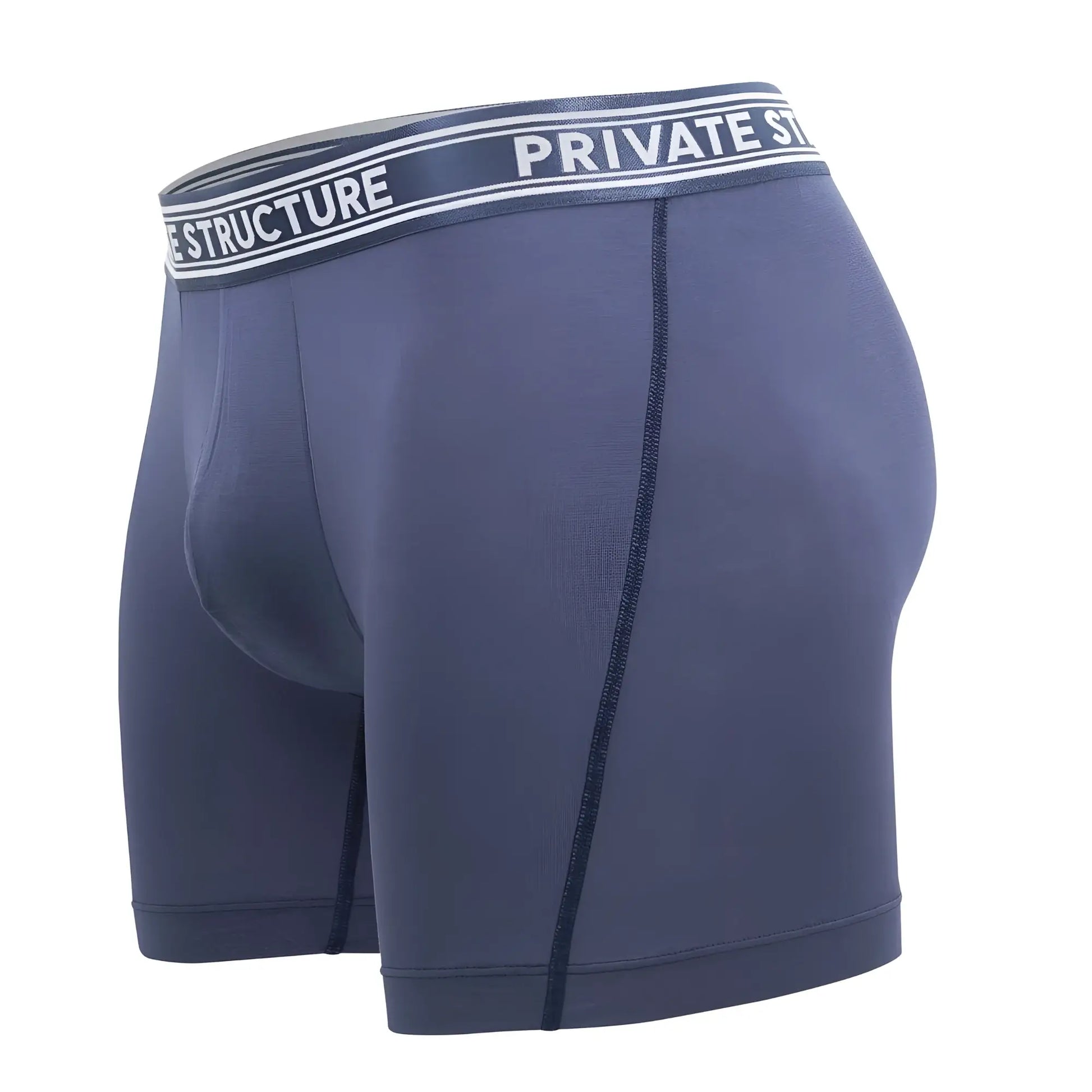 Private structure pb ut4380 bamboo mid waist boxer briefs in citadel blue with white and black branded elastic waistband