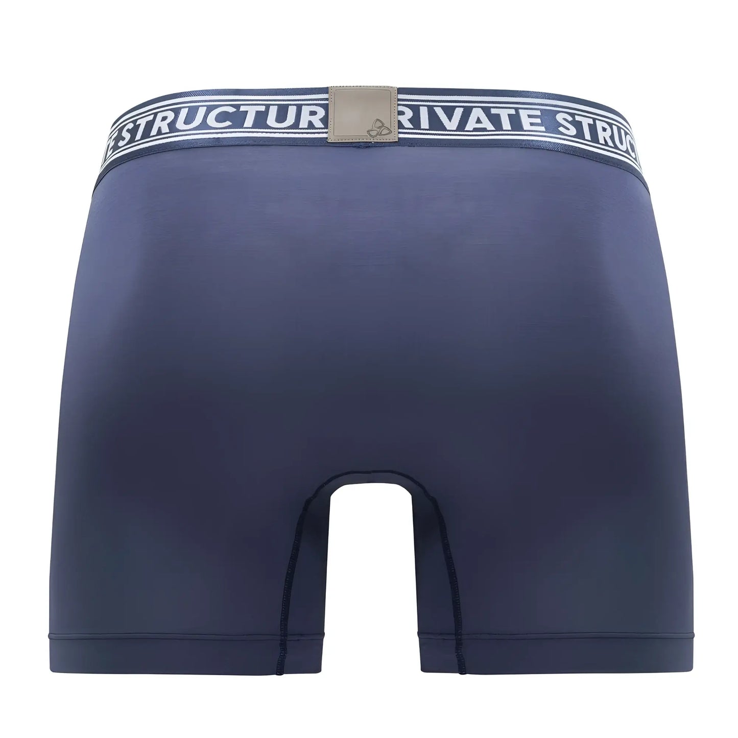 Navy blue private structure bamboo mid waist boxer briefs with white and black striped waistband and beige logo patch