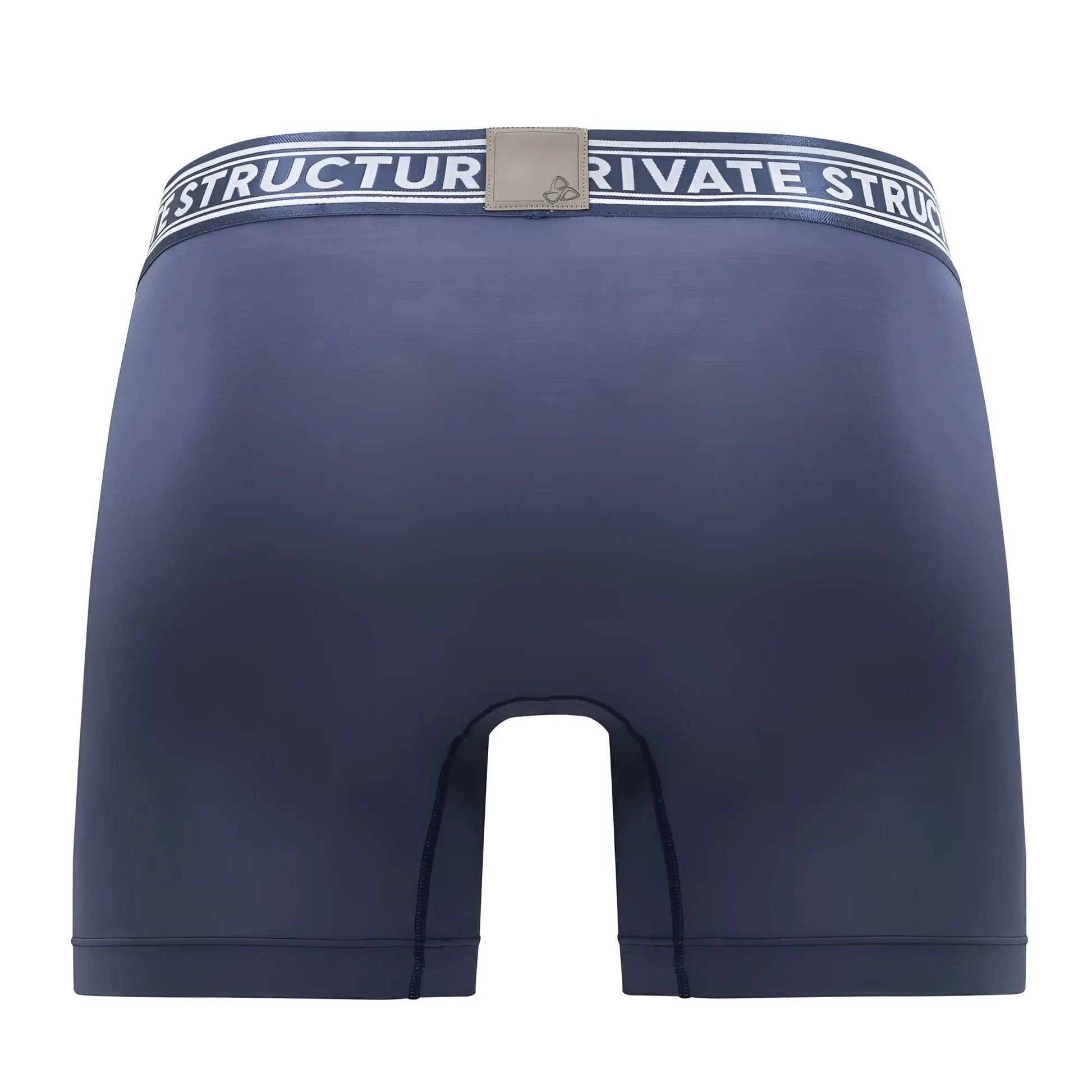 Navy blue private structure bamboo mid waist boxer briefs with white and black striped waistband and beige logo patch